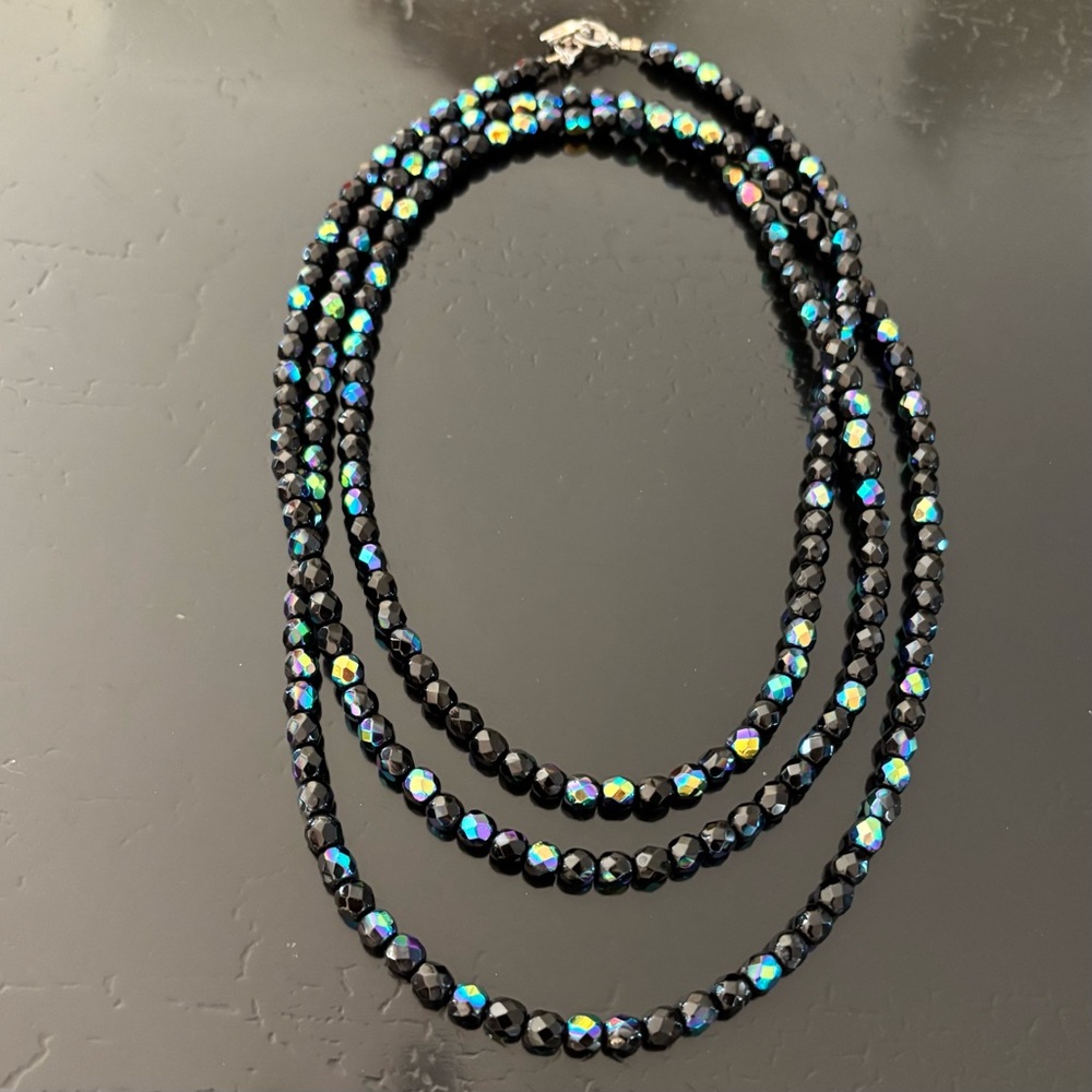 Vintage Givenchy Black Multi-Strand Necklace Beaded Iridescent 52”